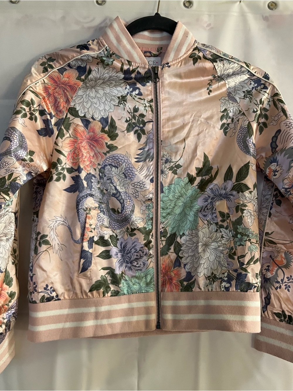 Children Place  Girl Floral Satin Bomber Jacket Light Pink & Multicolor Print